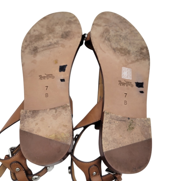 Coach Sadie Matte Calf Sandals Size 7 Brown Leather Studded T Strap Ankle Charms - Picture 9 of 10